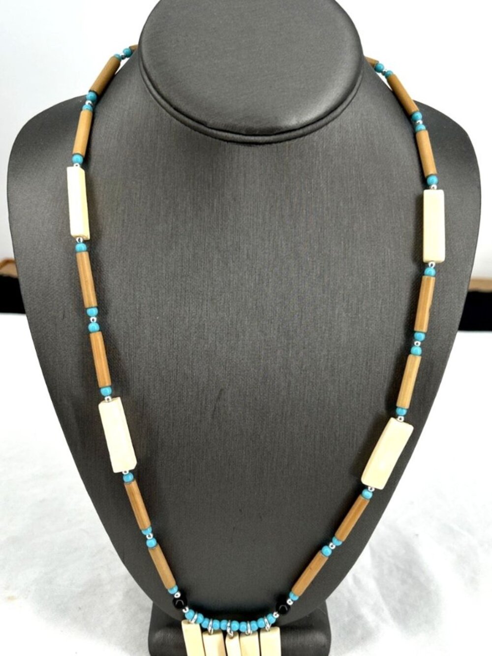 Vintage Bone Beaded Necklace Turquoise Beads 25"
